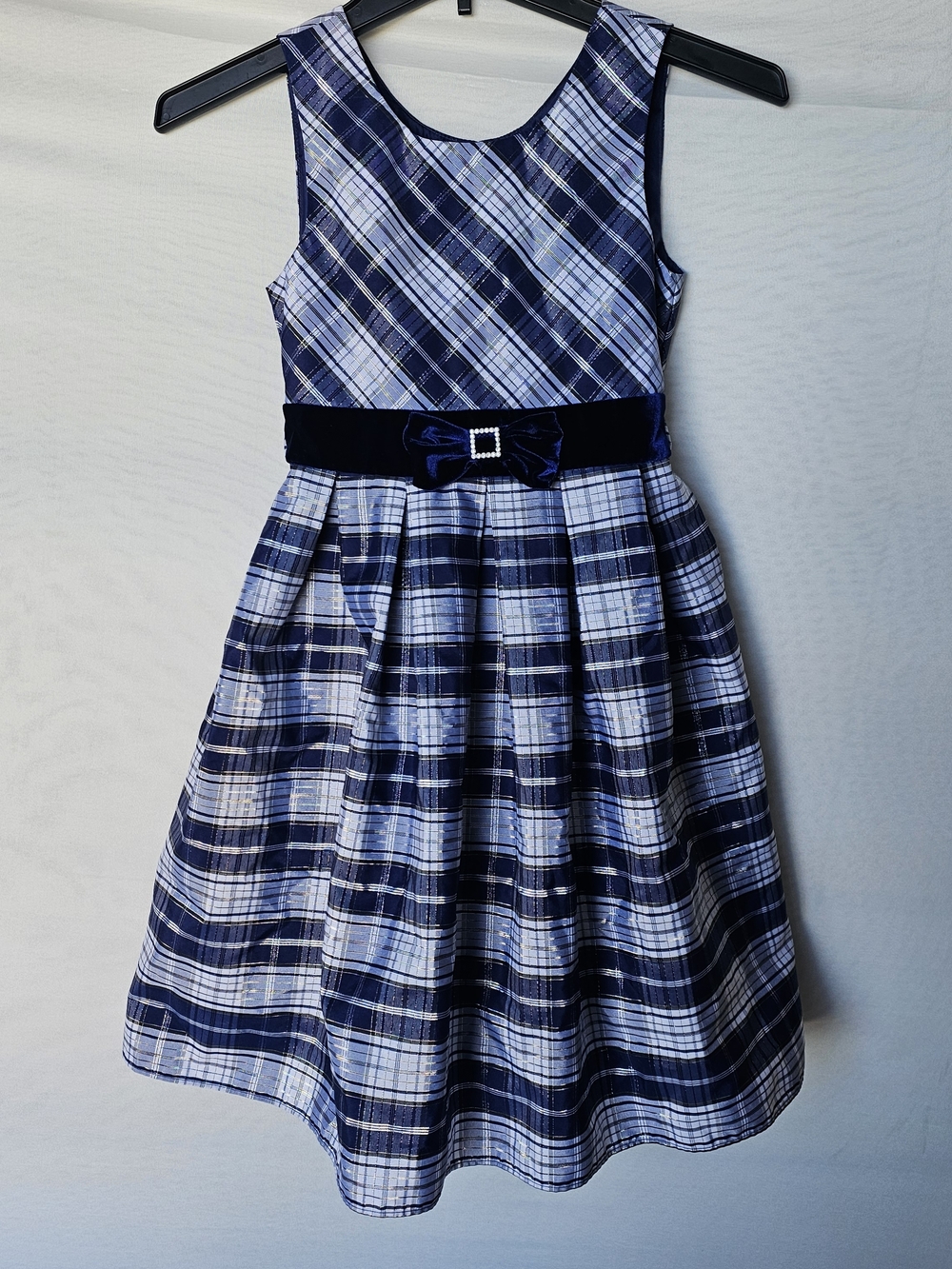 Jona Michelle Navy and White Plaid Sleeveless Holiday Dress